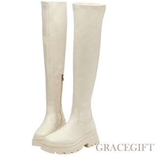 【Grace Gift】女團著用方頭鬆糕厚底瘦瘦膝上靴(米白)