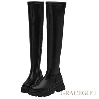 【Grace Gift】女團著用方頭鬆糕厚底瘦瘦膝上靴(黑)
