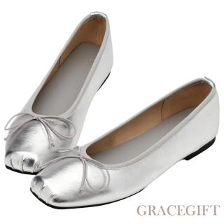 【Grace Gift】優雅方頭蝴蝶結芭蕾舞平底娃娃鞋(銀)