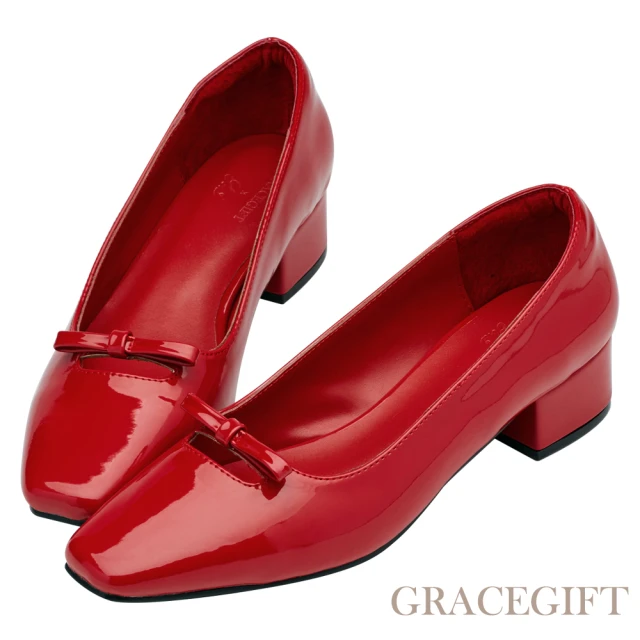 Grace Gift 佑妮聯名-復古女孩小方頭簍空蝴蝶結瑪莉珍跟鞋(紅漆)