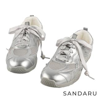 【SANDARU 山打努】休閒鞋 拼接皮革珍珠緞帶阿甘鞋(銀)