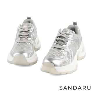 【SANDARU 山打努】老爹鞋 真皮拼接透氣網綁帶休閒鞋(銀灰)