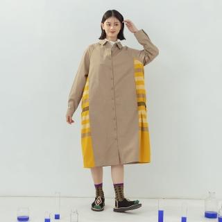 【MOSS CLUB】拼接大格紋拉克蘭袖開襟長袖洋裝(黑 卡)