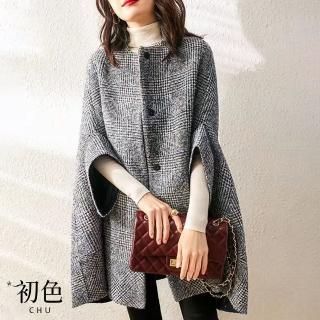 【初色】寬鬆格紋圓領五分袖長袖單排釦斗篷式毛呢大衣中長款外套休閒外套-灰色-91663(M-2XL可選)