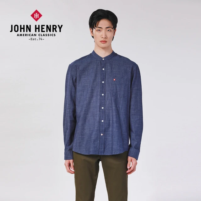 JOHN HENRY 中山領牛仔長袖襯衫-深藍