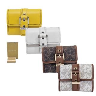 【Michael Kors】MK Colby專櫃款皮革束帶三折短夾 白色/黃色(贈原廠紙袋紙盒七夕情人節)