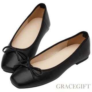 【Grace Gift】氣質女孩蝴蝶結芭蕾舞平底娃娃鞋(黑)