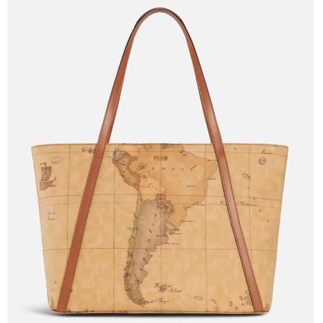 【Alviero Martini】義大利地圖包 雙把長帶肩背包(地圖黃)