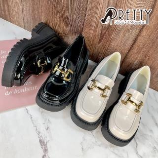 【Pretty】女 厚底樂福鞋 便鞋 小皮鞋 英倫學院風 漆皮(米色、黑色)