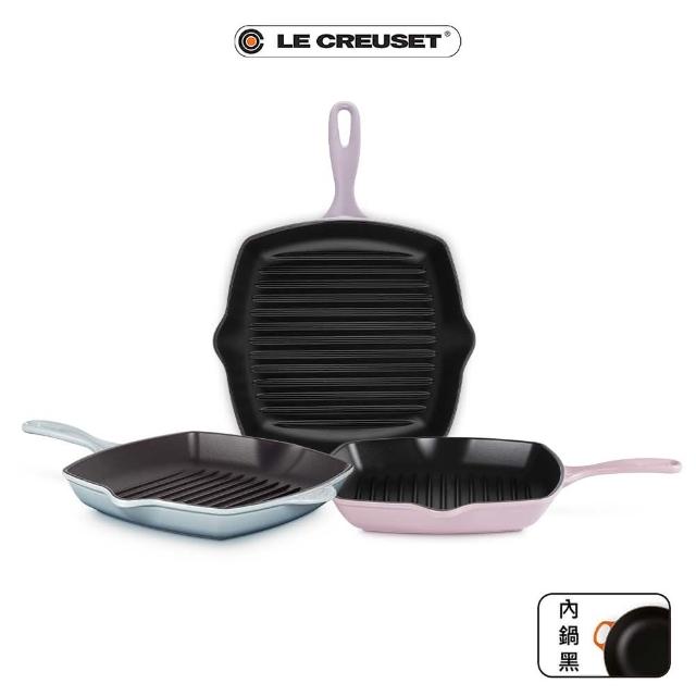 【Le Creuset】琺瑯鑄鐵鍋單柄方鐵烤盤26cm(雪紡粉/藍鈴紫 2色選1)