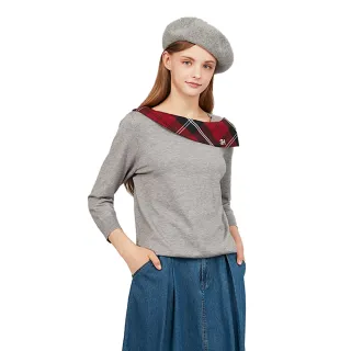 【SCOTTISH HOUSE】格紋斜領七分袖線衫-灰/丈青CHUB1426