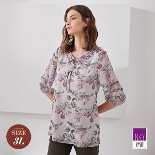 【ILEY 伊蕾】氣質甜美花卉荷葉邊雪紡長版上衣(淺紫色；M-3L；1231021411)