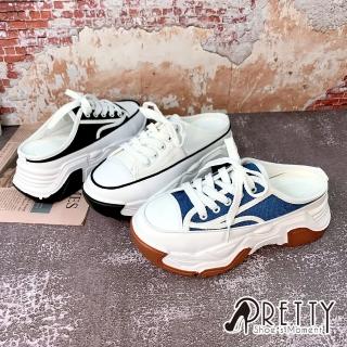 【Pretty】女 休閒拖鞋 老爹 穆勒鞋 帆布鞋 運動風 厚底 顯瘦 增高(藍色、白色、黑色)