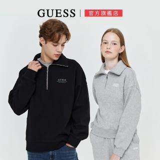 【GUESS】簡約低調小字母Logo半拉鍊長袖刷毛上衣(兩色任選)