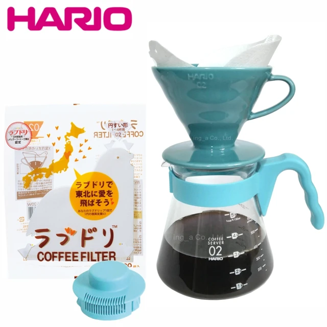 HARIO V60淺藍色02陶瓷濾杯咖啡壺組(附贈 愛情白鴿濾紙)