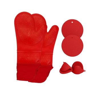 【PUSH!】餐廳廚房用品矽膠隔熱手套6件套烤箱加厚手套微波爐耐高溫廚房隔熱手套蜂窩墊手夾(隔熱手套D322)
