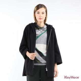 【KeyWear 奇威名品】羊毛亮銀金屬拉鍊連帽外套