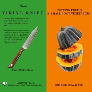 【GELLIS 鵲利仕】VIKING 維京海盜款檀木柄鍛打大馬士革鋼水果刀戶外登山野營刀(多功能設計刀款)