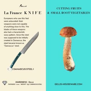 【GELLIS 鵲利仕】La France 法緹款綠彩木柄鍛打大馬士革鋼水果刀戶外露營刀(多功能設計刀款)