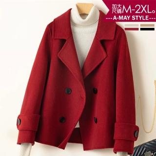 【Amay Style 艾美時尚】現貨 中大尺碼女裝 毛呢外套 時髦優雅翻領短版赫本風毛呢大衣外套。M-2XL