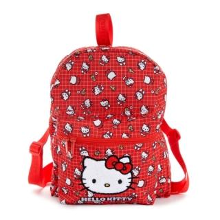【小禮堂】Sanrio 三麗鷗 Hello Kitty 尼龍拉鍊後揹包 - 50週年 紅格紋滿版款(平輸品)