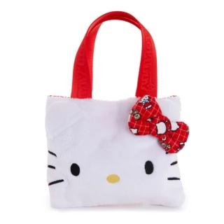 【小禮堂】Sanrio 三麗鷗 Hello Kitty 絨毛大臉迷你手提袋 - 50週年 紅格紋滿版款(平輸品)