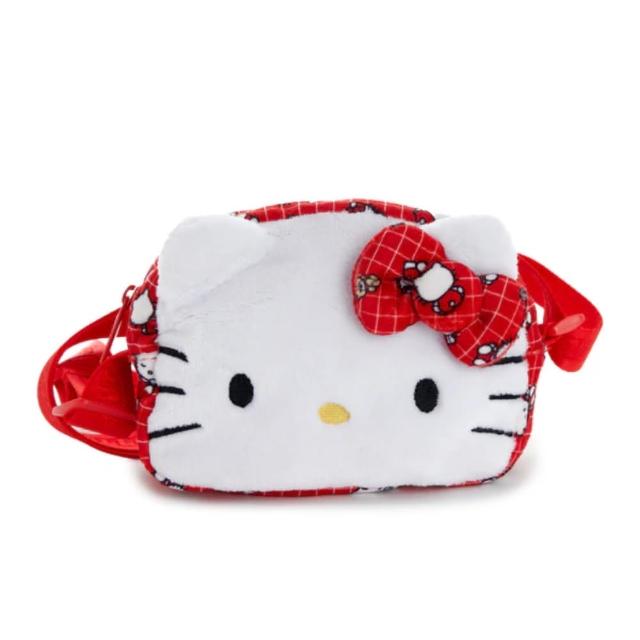 【小禮堂】Sanrio 三麗鷗 Hello Kitty 絨毛大臉斜背包 - 50週年 紅格紋滿版款(平輸品)