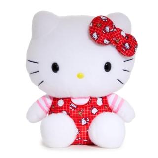 【小禮堂】Sanrio 三麗鷗 Hello Kitty 絨毛玩偶娃娃 M - 50週年 紅格紋滿版款(平輸品)