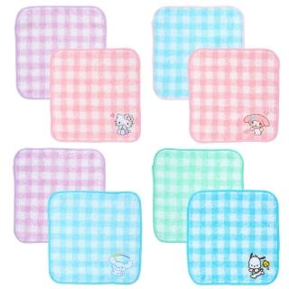 【小禮堂】Sanrio 三麗鷗 棉質方巾2入組 16x16cm - 格紋款 Kitty 美樂蒂 大耳狗 帕恰狗(平輸品)