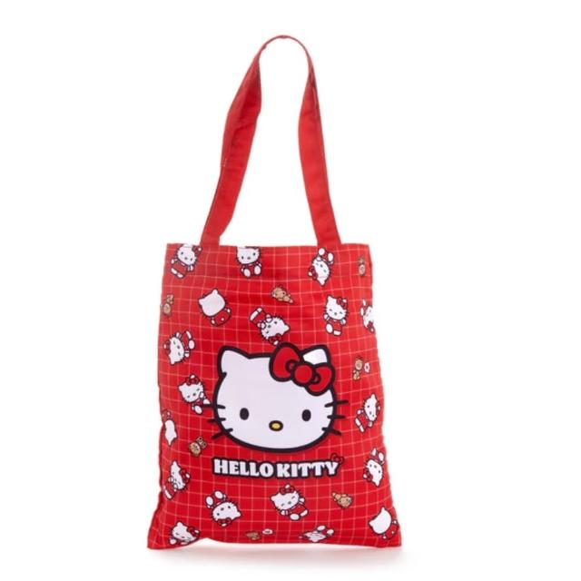 【小禮堂】母親節禮物 Sanrio 三麗鷗 Hello Kitty 尼龍直式手提袋 - 50週年 紅格紋滿版款(平輸品)