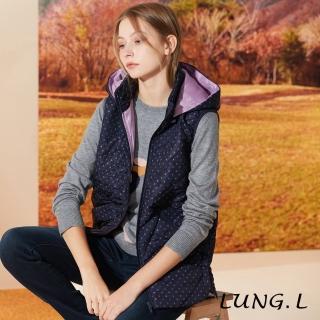 【LUNG.L 林佳樺】LR08D藍色印紫色點點鋪棉連帽長版女裝背心(保暖 秋冬款 非羽絨)