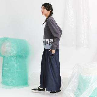 【Dailo】熊熊口袋仿牛仔剪接打褶長寬褲(淺藍 深藍 黑/魅力商品)