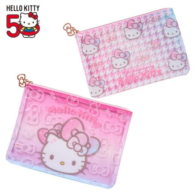 【小禮堂】Sanrio 三麗鷗 Hello Kitty PVC扁平收納袋2入組 - 50週年The Fashionable Ribbons(平輸品)