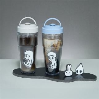 【WOKY 沃廚】WOKY X 消極男子 渾圓又又杯 Ecozen雙層純透750ml(附彈跳吸管；隨行杯/吸管杯)