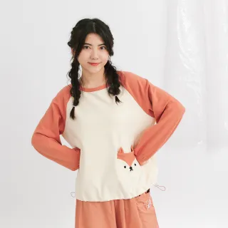 【Dailo】小狐狸拉克蘭袖拼接休閒長袖上衣(黑 紅 卡)