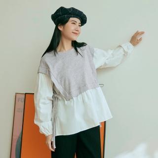 【OB 嚴選】日系純棉假兩件側綁帶落肩上衣 《AB19921》