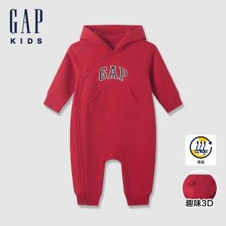 【GAP】嬰兒裝 Logo刺繡刷毛熊耳造型連帽長袖包屁衣/連身衣-紅色(645095)