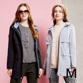 【MYVEGA 麥雪爾】MA防風刺繡檔片連帽長版風衣外套-共四色(風衣外套/連帽外套/長版外套)