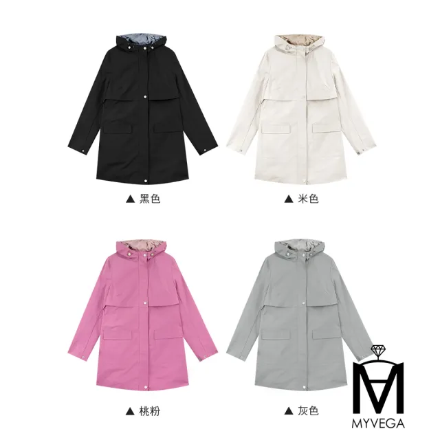 【MYVEGA 麥雪爾】MA防風刺繡檔片連帽長版風衣外套-共四色(風衣外套/連帽外套/長版外套)