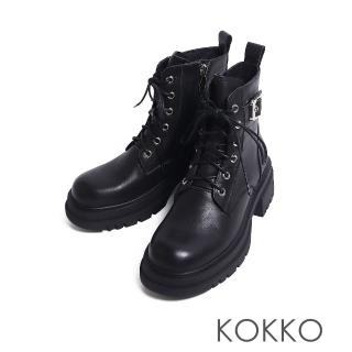 【KOKKO】個性帥氣綁帶微寬楦厚底短靴(黑色)