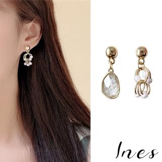 【INES】韓國設計華麗寶石不對稱金屬圈圈珍珠夾式耳環(無耳洞耳環 耳夾 夾式耳環)