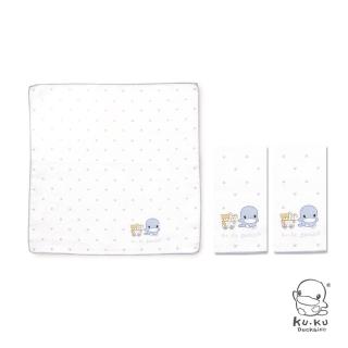 【KU.KU. 酷咕鴨】可愛緹花紗布小手帕3入(藍/粉)