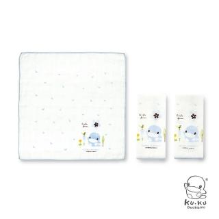 【KU.KU. 酷咕鴨】格子緹花紗布手帕3入(藍/粉)