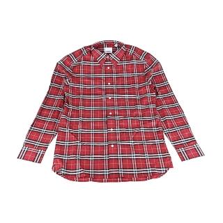 【BURBERRY 巴寶莉】BURBERRY內裡黑字LOGO棉質格紋7鈕釦長袖釦領襯衫(男款/紅)