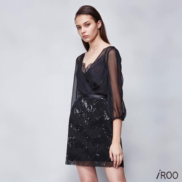 【iROO】軟烏干拼接亮片短洋裝