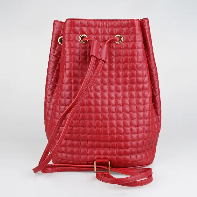 【CELINE】CELINE C Charms金屬吊飾格紋絎縫小牛皮束口單肩/後背包(紅)