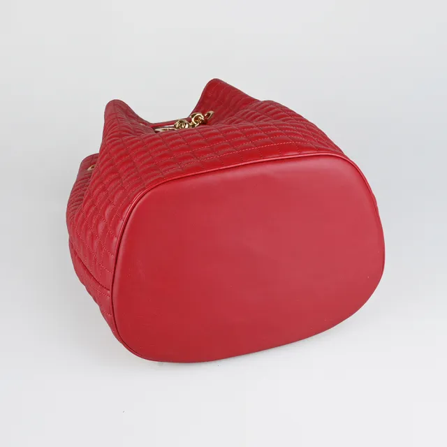 【CELINE】CELINE C Charms金屬吊飾格紋絎縫小牛皮束口單肩/後背包(紅)