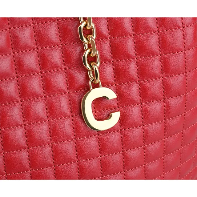 【CELINE】CELINE C Charms金屬吊飾格紋絎縫小牛皮束口單肩/後背包(紅)