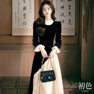 【初色】顯瘦拼接蕾絲圓領氣質長袖連身裙長裙連衣洋裝-黑色-39853(M-XL可選)
