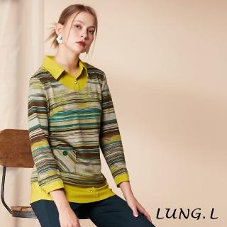 【LUNG.L 林佳樺】LR32A芥末黃拼接條紋針織假二件長袖女裝上衣(保暖 秋冬款 加大尺碼)